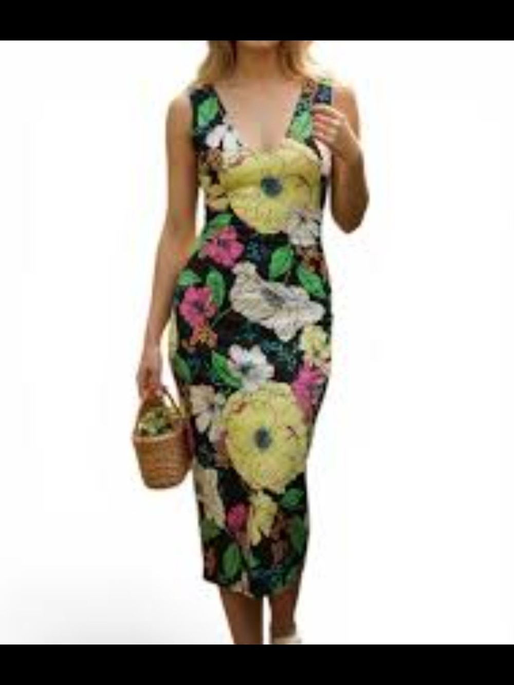 AFRM Limelight Bloom Floral V-Neck Midi Dress in Black, Yellow, Pink & Green